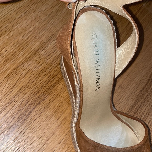 Stuart Weitzman Cognac Brown Wedge Suede Espadrille Sandals - Picture 7 of 9
